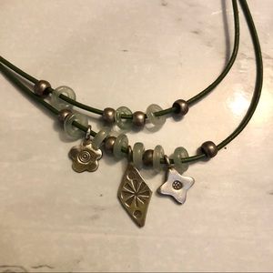 Peyote Bird sterling, jade on green leather cord